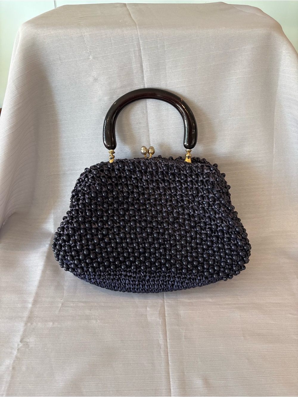 Vintage Black Beaded Wooden Top-Handle Women’s Bag